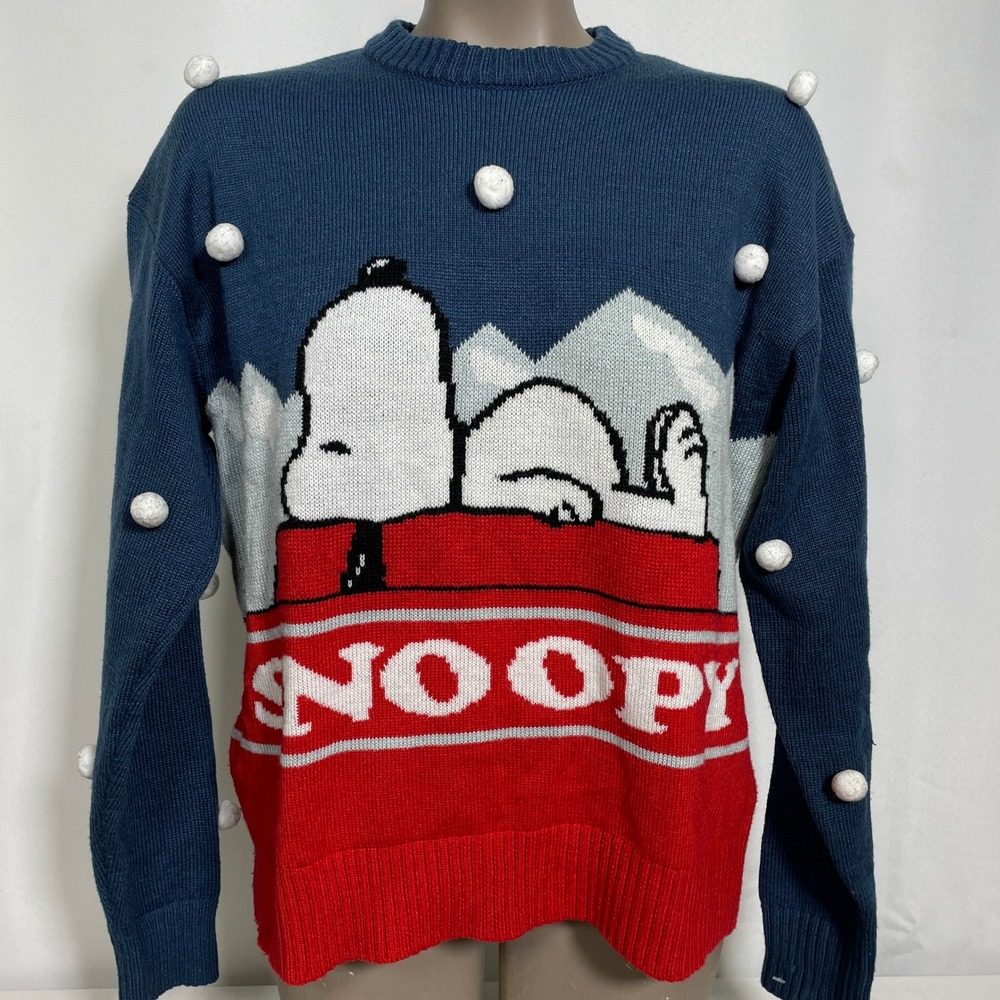 Peanuts Snoopy Navy Blue Pom Pom Christmas Knit Holiday Sweater Women's SMALL - Picture 3 of 10